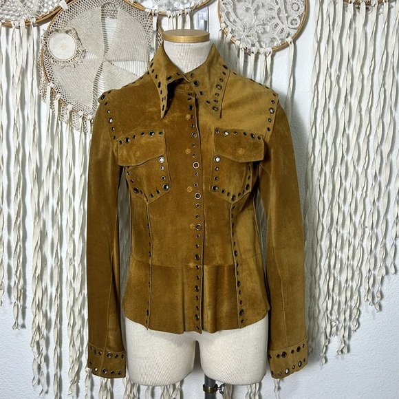 Vintage | Essendi Rich Brown Suede Snap Front Shirt Jacket with Grommet Detail - Picture 3 of 12
